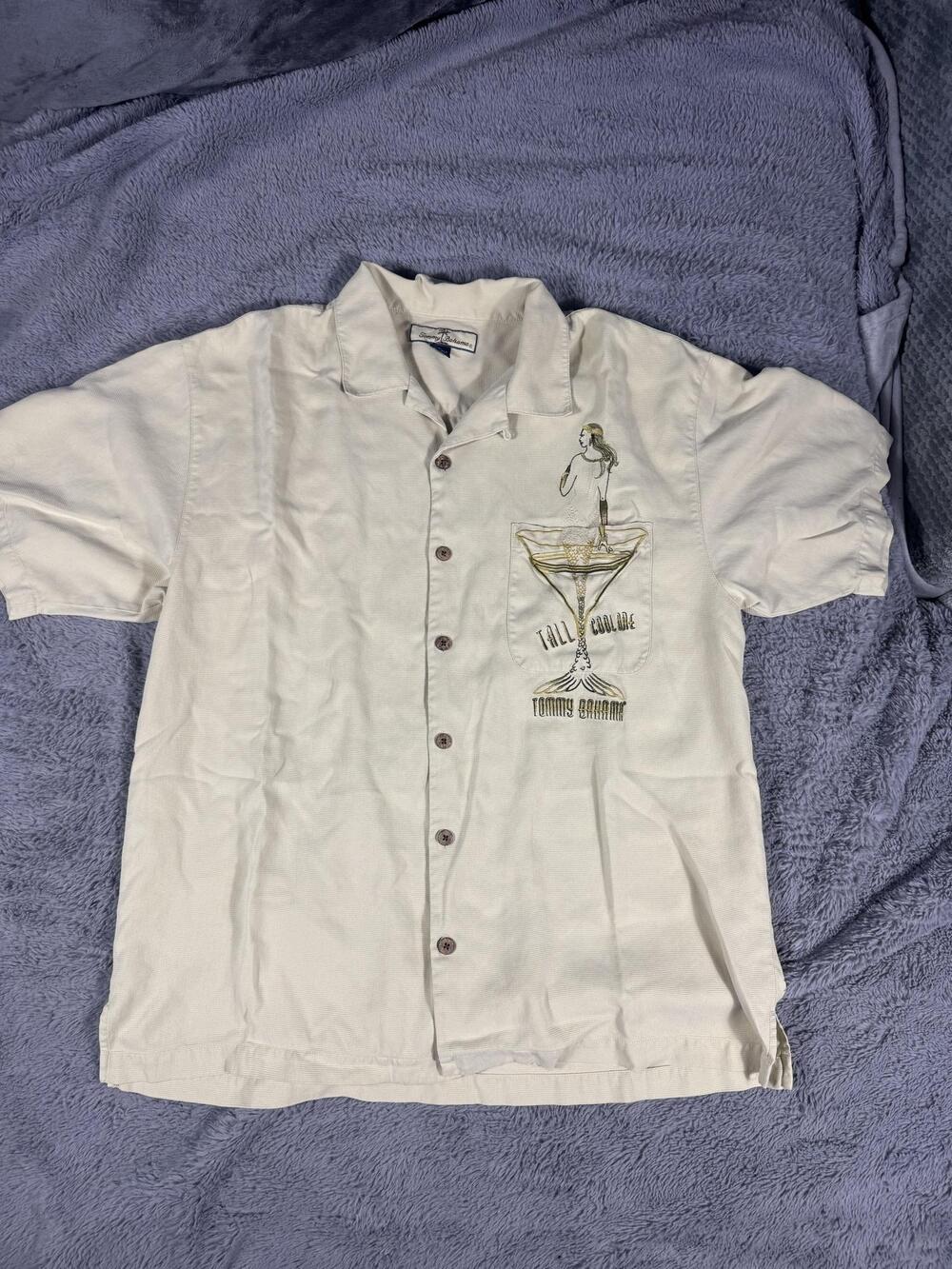 Tommy Bahama Shirt Mens L White Tall Cool One Silk Short Sleeve Hawaiian Graphic